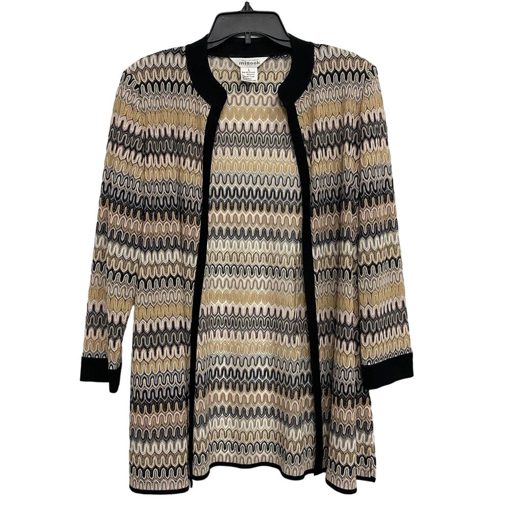 Misook Open Cardigan Large Multicolor Metallic 3/4 Sleeve Sweater gold black